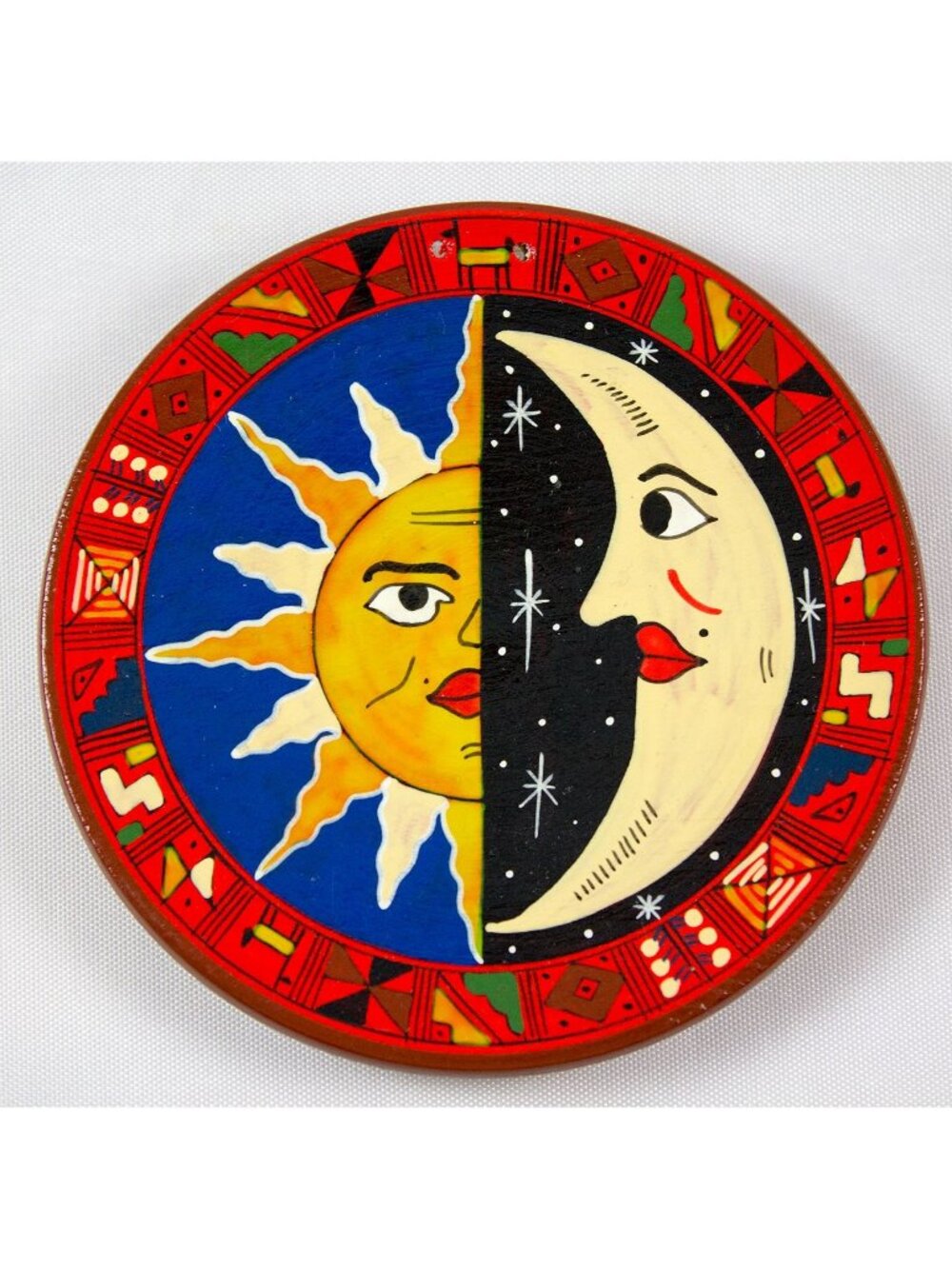 Peruvian Wood Folk Art Plate Wall Hanging Sun Moon Signed Raychi Peru 4.25"